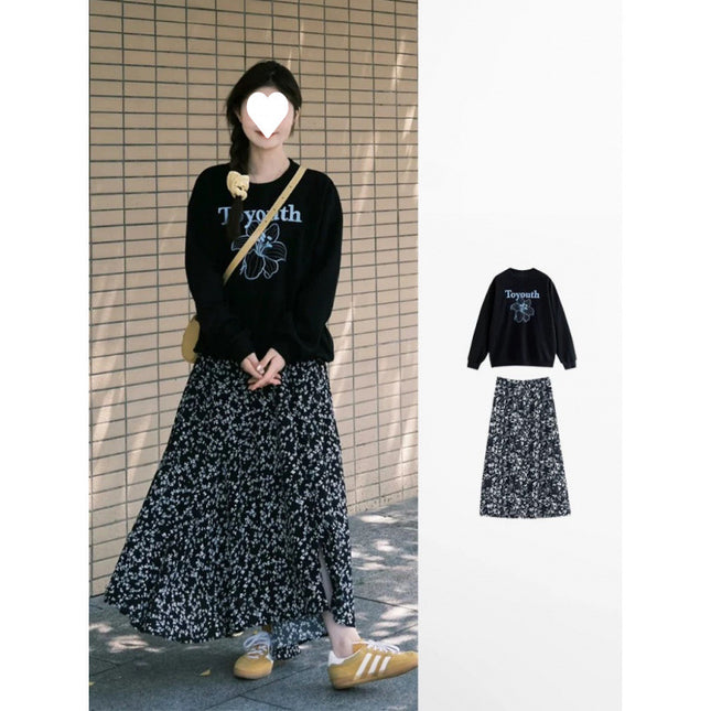 Early autumn wear with a set of American printed letters sweater floral skirt salt light two-piece suit
