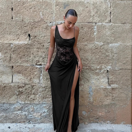 Personalized Design Cross-Border New Women's Solid Color One-Shoulder Lace See-Through Slit Temperament Sexy Waist Dress for Women