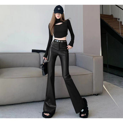 Cross-border Maillard wear retro pu leather pants women's autumn and winter new fashion chain high waist slimming casual pants