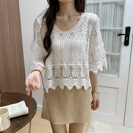 2025 New Summer Design Cut Out Knitwear Women's Holiday Style Blouse Heavy Crochet Cut Out Short Top