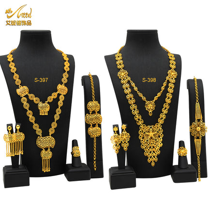 Gold-Plated Pendant Jewelry Set Bridal Wedding Jewelry Sand Gold Long Necklace Bracelet Ring Earrings Cross-Border Best-Selling Model