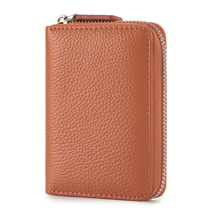 Wholesale Genuine Leather Accordion Card Holder for Women, Fashionable Large-Capacity Zipper Rfid Multi-Card Slot Card Holder