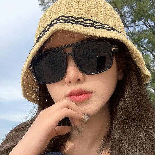 2025 retro double beam large frame small UV-proof sunglasses Korean style outdoor travel decorative flat glasses