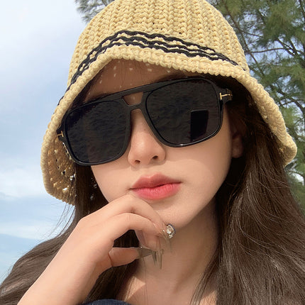 2025 retro double beam large frame small UV-proof sunglasses Korean style outdoor travel decorative flat glasses