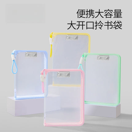 Macaron Transparent A4 File Bag with Large Capacity for Textbooks, Zippered Student Portable Thickened Waterproof Storage Bag
