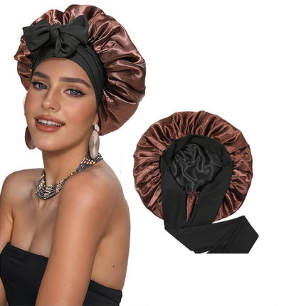 Amazon Double Layer Nightcap Color Ding Hat Women's Elastic Wide-brimmed Hair Care Hat Shower Hat Turban Bow Ribbon Round Hat