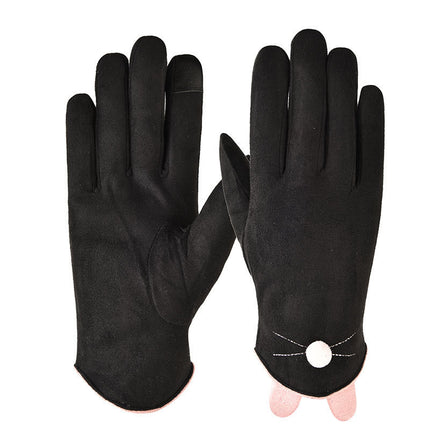 2025 Wholesale Cute Fur Touch Screen Warm Gloves Suede Women's Winter Plus Velvet Thickened Cycling Finger Gloves