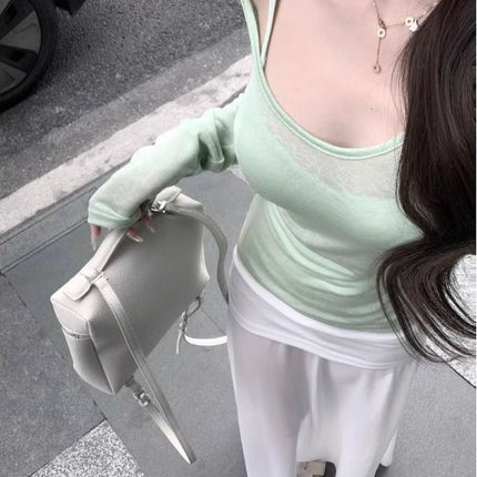 Pure Green Shoulder Long-sleeved T-shirt Women's Spring Thin Slim-fit Blouse Top Stacked with Sling Two-piece Set