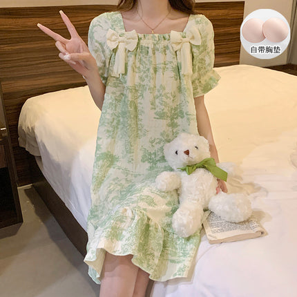 Sweet Bow Square Neck Nightgown with Breast Pad Summer New Cloud Cotton Cartoon Short-Sleeved Princess Style Women's Nightgown