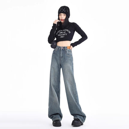 Vintage Blue High-Waisted Slimming Wide-Leg Jeans for Women 2025 Trendy Versatile Korean Style Loose Slimming Straight Long Pants