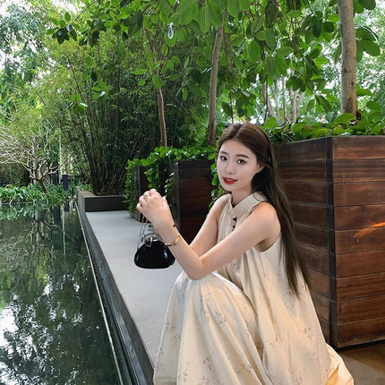 Retro Elegant Long Dress Mori Style Cold Dark Pattern Bamboo New Chinese Style National Style Sleeveless Neck dress Women