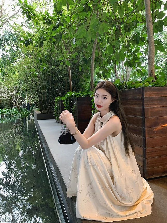 Retro Elegant Long Dress Mori Style Cold Dark Pattern Bamboo New Chinese Style National Style Sleeveless Neck dress Women