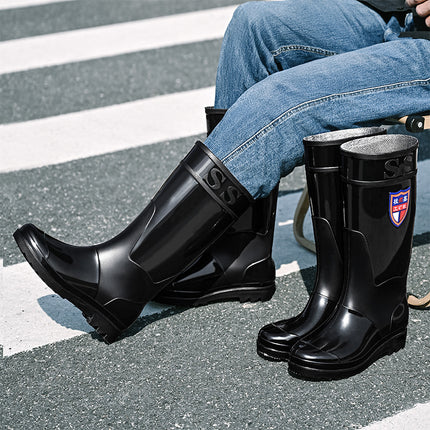 Black High-Tube Men's Rain Boots for Foreign Trade, Waterproof and Non-Slip Kitchen Shoes, Warm Mid-Tube Men's Water Boots, Rain Boots