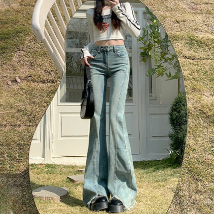 Vintage light blue-Edge Micro-Lar Jeans Women's 2025 Spring New Design High Waist Slim-Fit Slimming Horseshoe Pants