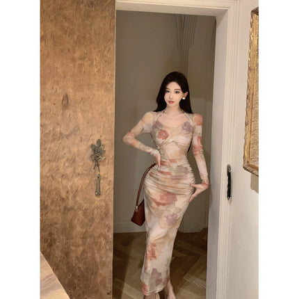 Sexy Print Slim Fit Dress 2025 Autumn New Celebrity Temperament Square Neck Mesh Women's Pencil Skirt