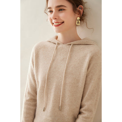 High-grade cashmere sweater women's autumn and winter New hoodie can be worn outside hooded solid color cashmere sweater loose drawstring sweater
