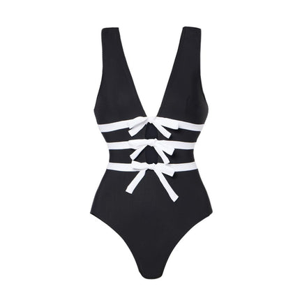 2025 European and American Swimwear New V-neck Bow Hollow Black and White Swimsuit Beach suit Women's Cross-border 25296