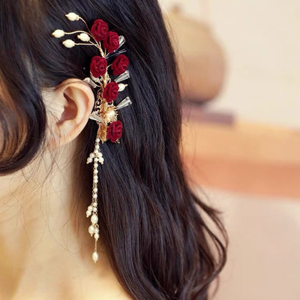 Toast Clothing Side Clip Headwear Tassel Side Clip Red Rose Hairpin Classical Cheongsam Hanfu Daily Accessories