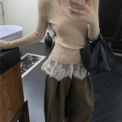 1085# V-Neck Elegant Lace Skirt Beautiful Camisole Autumn and Winter Fart Curtain Stitching Mesh Sleeveless Top