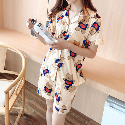 High-end Pajamas Women's Summer Short-sleeved Kimono Cardigan Large Size Student Cartoon Bear Outwear Women's Home Clothes