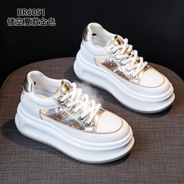 Thick-Soled Genuine Leather Hollow-Out Sneakers for Women, 2026 Summer New Arrivals, Height-Increasing Mesh Breathable Sports Casual Sandals