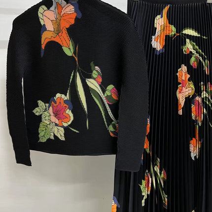 High-grade Pleated Two-piece Set Small Fresh Trumpet Flower Long-sleeved Top Pleated Skirt French Sweet Cross-border Spring Women's Clothing