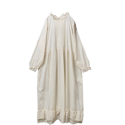 Artistic Retro Autumn Solid Color Long-sleeved Dress All-match Casual Slimming Cotton and Linen Lace Collar Base Dress for Women