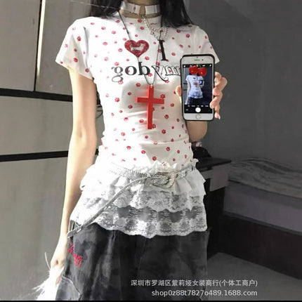 [40-Count Imitation Cotton Rib 1×1] American Retro Dog Paw All-Print T-Shirt Women's Summer Sexy Short Top