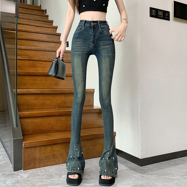 American Style Retro Horseshoe Jeans Women's Heavy-duty Beaded Hot Rhinestone High Waist Pants Stretch Tight-fit Mop Pants