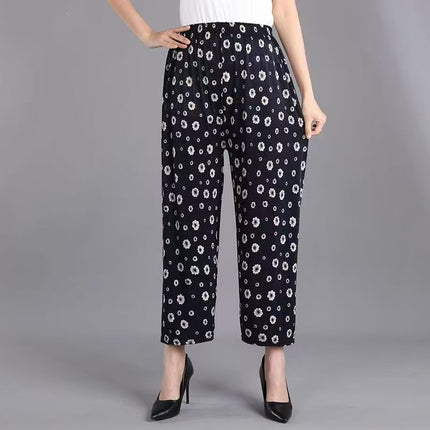 Foreign Trade Plus Size Middle-aged and Elderly Summer Thin Breathable Nine-point Flower Pants Mom Pants Ice Silk Loose Straight Pants