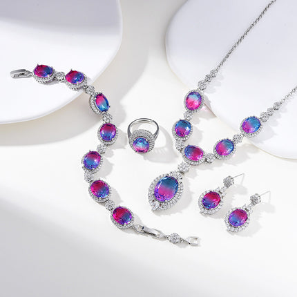 European and American fashion four-piece jewelry caibao zircon necklace suit high temperament earrings jewelry suit multicolor