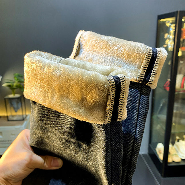 Flannel Winter fleece-lined Thickened Jeans Men's New Straight Fleece Warm Slim-fit Small Leg Casual Long Pants