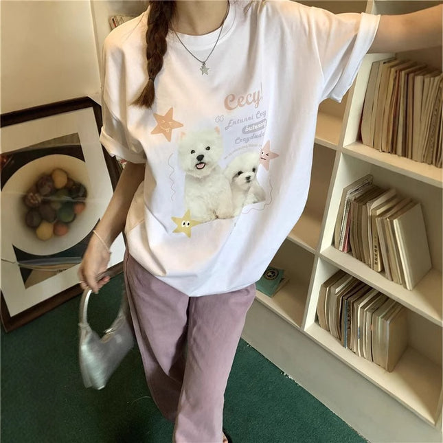 Sweet Cute Dog Printed Round Neck T-shirt Short-sleeved Women's 2025 Summer Korean Style Casual Pink Top