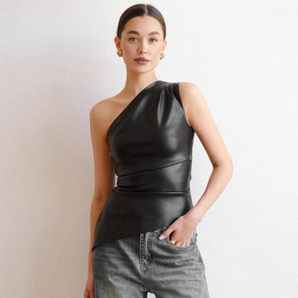 2024 autumn new fashion temperament slant shoulder irregular tight figure leather pleated vest T-shirt top