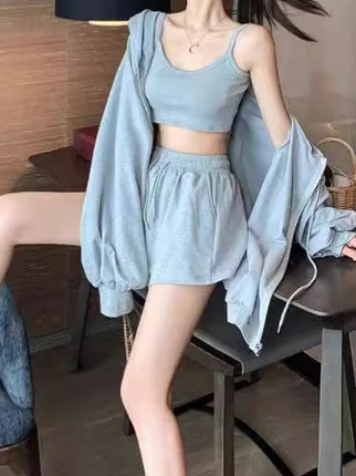 Summer 2024 New Internet Celebrity Sports suit Women's Jacket Vest Shorts Fashion Hong Kong Flavor Three-piece Women's Fashion