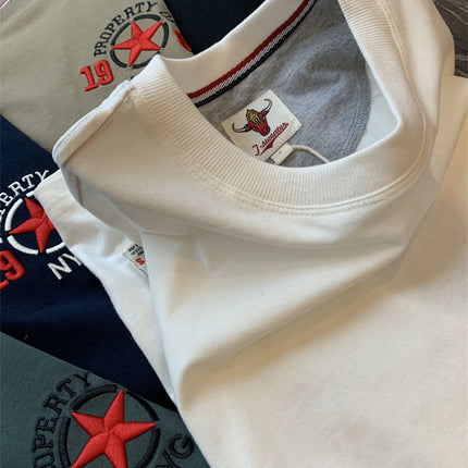 Us Orders! Brushed Long-Staple Cotton! Summer Men's Versatile Casual Short-Sleeve T-Shirt with Five-Pointed Star Embroidery, Breathable