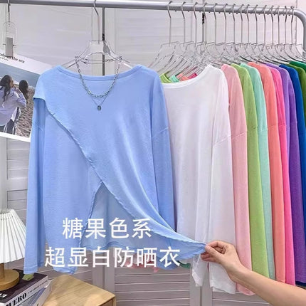 Macaron Color Ultra-White Sunscreen Clothing for Women, Front and Back Two-Wear Slit Niche Design Sunscreen T-Shirt Air-Conditioning Shirt