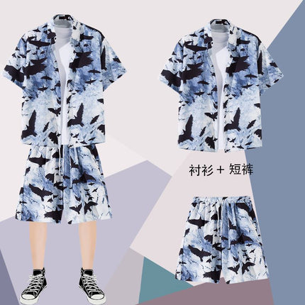 Summer thin short-sleeved floral shirt men's Hong Kong style retro Ruan Shuai Hawaiian seaside couple short-sleeved shorts two-piece set