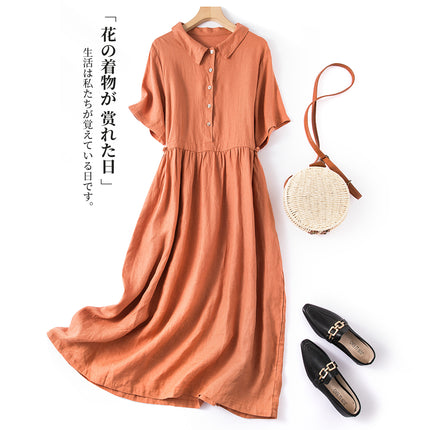 New Cotton and Linen Korean Style dress Women's 2024 Spring and Summer Short-sleeved Shirt Collar Artistic Retro Loose Single-breasted Long Dress