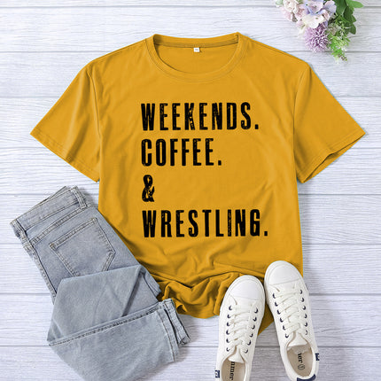 Cross-border Amazon WEEKENDS COFFEE WRESTLING printed short-sleeved women's top T-shirt European code