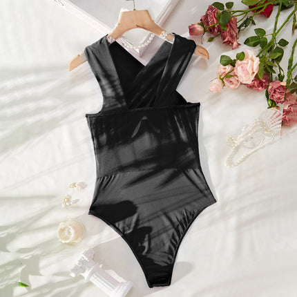 European and American Cross-border Waist Fishbone Wrapping Chest Slim-fit Mesh Stitching Perspective Cross Neck Shaping Sexy Jompsuit for Women