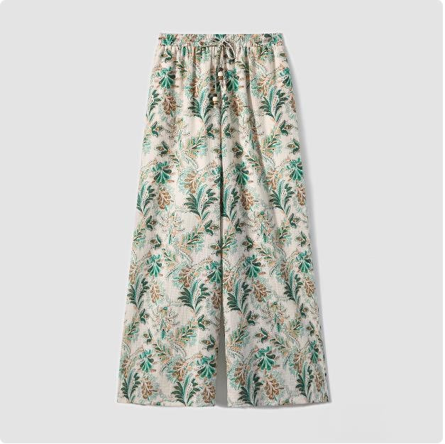 2025 Summer New Green Floral All-match Wide-leg Pants Design High-end Seaside Vacation Cotton and Linen Casual Pants