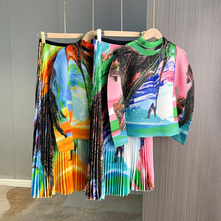 Miyake Style Design Niche Watercolor Print Two-Piece Set European Fashionable Elegant Top Pleated Skirt Two-Piece Set