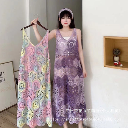 Green Lace Hollow-out Knitted Sleeveless Vesset Dress Women's Striped Cardigan dress Outer Layover Blouse Mid-length