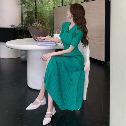 Cross-border Dopamine Green Knitted Midi Dress French Retro Elegant Elegant Tight Waist Slimming dress Summer