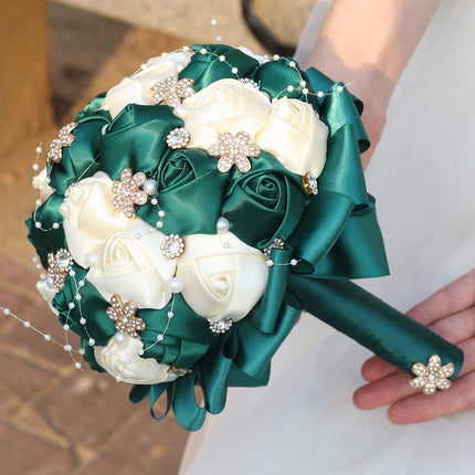 Amazon Supply Dark Green Bride Bridesmaid Simulated Satin Rose Bouquet Church Wedding Supplies Wholesale