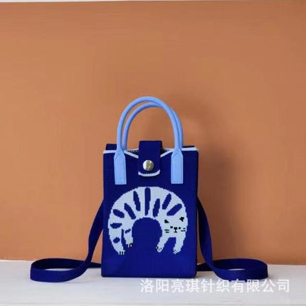 New Woven Simple Fashion Mobile Phone Bag Cute Cartoon Cat Knitted Bag Women's Small Square Bag Color Heart