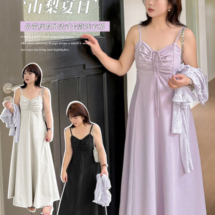 A0109 Summer New Women's Clothing Plus Size Fat mm Elegant French High-Waisted Waist-Cinching Pleated Spaghetti Strap Dress-Bfd