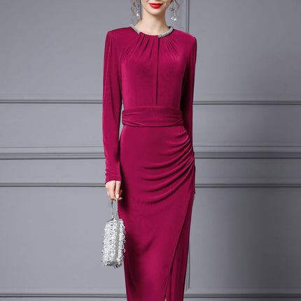 Elegant and Alluring Slit Dress 2026 Spring New High Society Burgundy Slimming Light Gown Dress