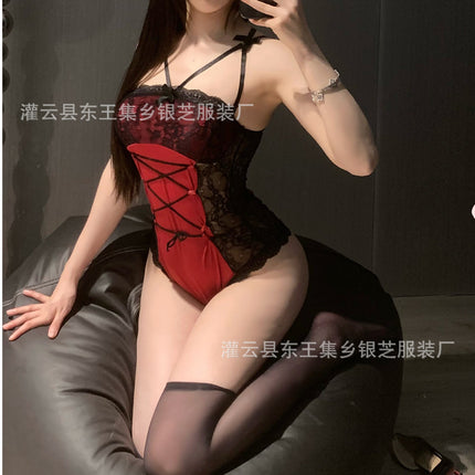 Sexy one-piece red one-piece lace stitching open-end free one-piece delivery